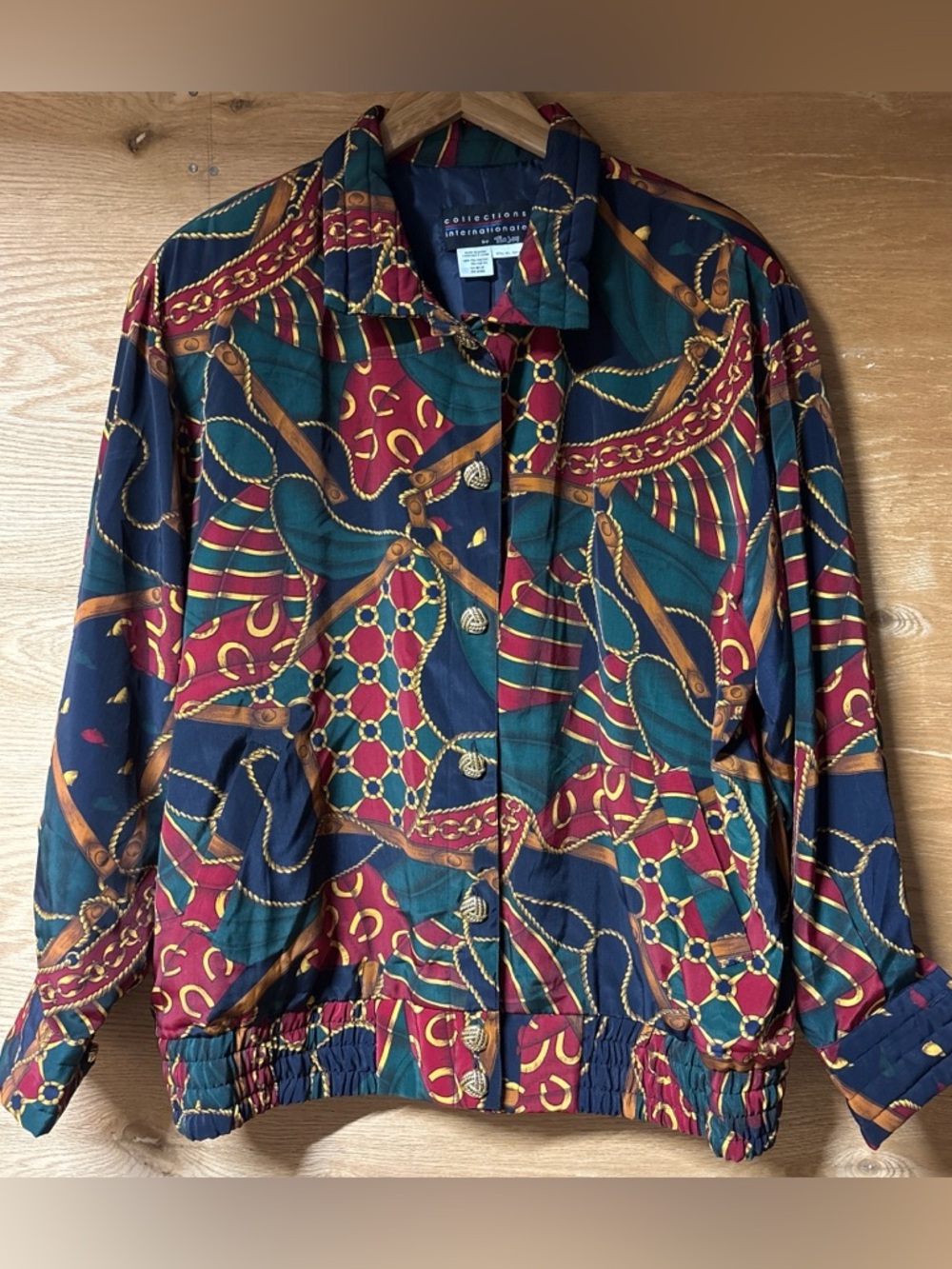 TanJay Multicolor Chain-Print Bomber Jacket - Teal & Maroon
